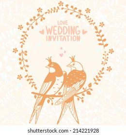 Stylish beautiful flowers card with cute silhouette swallows. Vector illustration