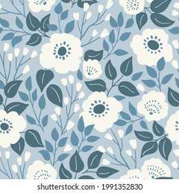 Stylish beautiful flowers seamless pattern in hand-drawn style. Vector floral texture. Stylized plants and flowers fabric print design.