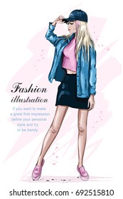 Stylish Beautiful Girl In Cap. Fashion Girl. Hand Drawn Cute Woman In Fashion Clothes. Sketch. Vector Illustration.
