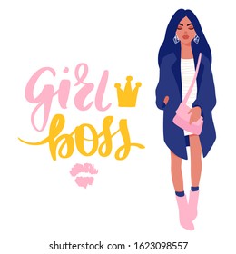 Stylish Beautiful girl in fashion clothes with bag. Lady boss. Young business woman vector illustration. Flat style.