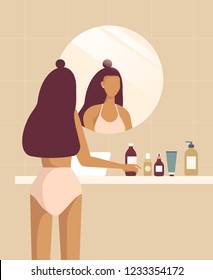 Stylish beautiful girl looks in the mirror in bathroom. She uses spa creams for body care and beauty. Vector illustrations in flat design style. 
