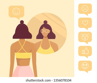 Stylish beautiful girl looks in the round mirror. Young woman likes her reflection in the mirror. Bubbles with various emotions. Vector illustration, flat design. Female cartoon character