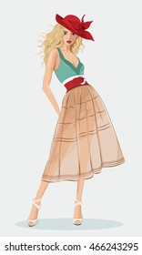 Stylish beautiful girl wearing fashion clothes and red hat. Detailed cute graphic woman. Vector fashion illustration.