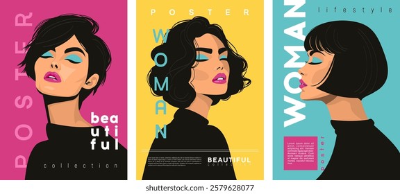 Stylish beautiful girls in a flat vector style. Design for posters, advertisements, postcards or greetings, for example, on March 8th
