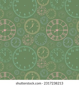 Stylish beautiful pastel clock pattern on green background. Time, watch, schedule, business, management, plan, work and urgency concept. Vector illustration