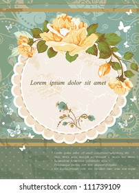 Elegante y hermoso patrón de rosa sin costura con fondo de punto azul. Elegante diseño de tarjetas Vintage Greeting. Feliz cumpleaños, ilustración vectorial con flores.