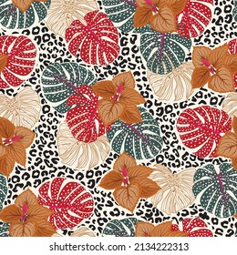 Stylish beautiful tropical forest print on leopard background seamless pattern vector EPS10, Design for fashion , fabric, textile, wallpaper, cover, web , wrapping and all prints 
