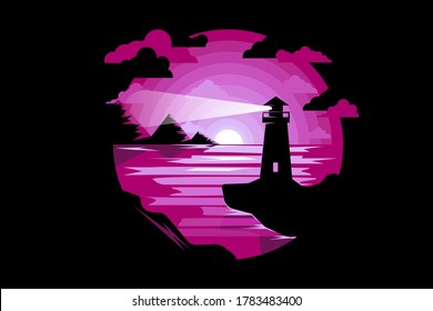 Stylish beautiful vector illustration with a lighthouse on the cliff illuminating the night sea. In the background mountains and moon with clouds. Pink color