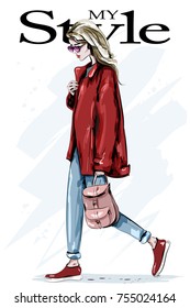 Stylish beautiful woman in red jacket. Hand drawn fashion woman with backpack. Fashion blond hair model in sunglasses. Sketch. Vector illustration.