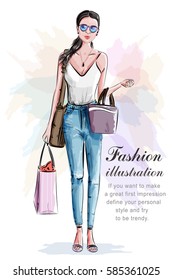 Stylish beautiful woman with shopping bags. Sketch. Hand drawn girl in fashion clothes. Fashion illustration.