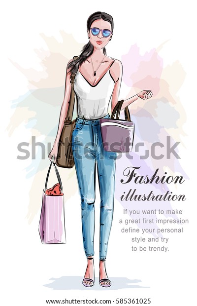 買い物袋を持つスタイリッシュな美しい女性 スケッチ ファッション服を着た手描きの女の子 ファッションイラスト のベクター画像素材 ロイヤリティフリー