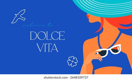 Linda mulher elegante com óculos de sol, bandeira tropical de verão. Dolce Vita vibe. Design de cartaz. Ilustração vetorial.