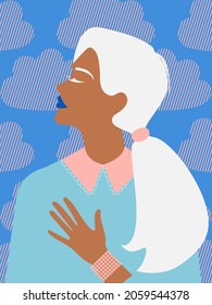 Stylish beautiful woman with white long hair tied in a ponytail is engaged in mental health. A sweet girl dreams and enjoys life. Vector.