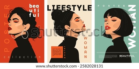 Stylish beautiful womans in a flat vector style. Design for posters, advertisements, postcards or greetings, for example, on March 8th