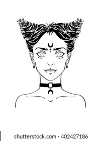 Stylish beautiful young girl with modern hairstyle and piercing. Nu-goth girl portrait in hand drawn style. Vector illustration of young subcultural girl with choker and dark moon on her forehead.