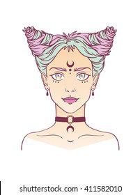 Stylish beautiful young girl with modern hairstyle and piercing. Nu-goth girl portrait in hand drawn style. Vector illustration of young subcultural girl with choker and dark moon on her forehead.