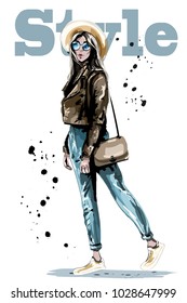 Stylish beautiful young woman in hat. Fashion woman in sunglasses. Sketch. Hand drawn girl with bag. Vector illustration.