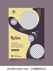 Stylish beauty treatment center flyer and brochure template with a4 size. Creative modern promotion design concept of professional hair spa, hair mask, hair style, cosmetic sale, beauty center, etc