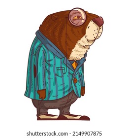Stylish Beaver, isolated vector illustration. Calm trendy dressed anthropomorphic beaver standing in profile. A fancy guy. An elegant beaver, wearing a monocle. An animal character with a human body