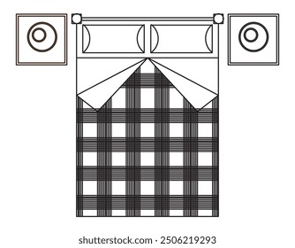 Stylish bed with pillows and wooden side table. Vector illustration.