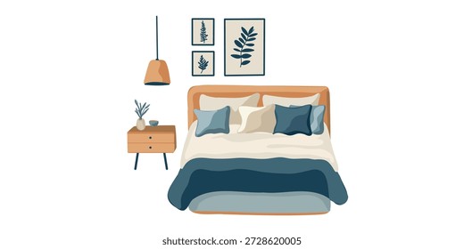 stylish bedroom interior with large bed and decor