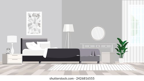 Stylish bedroom interior with large comfortable bed and dressing table