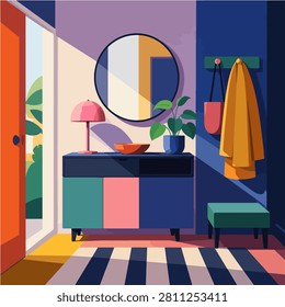 Stylish bedroom vanity interior illustration with mirror dresser plants coat rack and warm decor for home poster background and lifestyle design