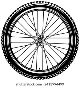 La elegante rueda delantera de la bicicleta. Plantilla, elemento para el diseño. Ilustración monocroma vectorial.