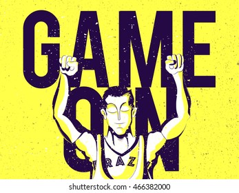 Stilvolles Big Text Game On mit der Illustration eines Mannes in siegreicher Pose auf gelbem Hintergrund, Creative Poster, Banner oder Flyer for Sports Concept.