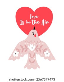 A stylish bird with flowers in a naive style holds a heart in its beak. Love is in the air. Valentine's Day.