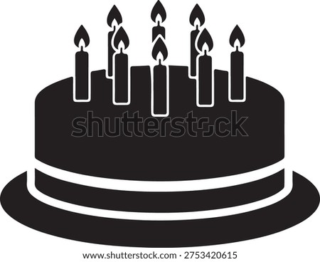 A stylish birthday cake with five lit candles on top silhouette vector icon