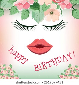Cartão de aniversário elegante com cílios fechados, lábios vermelhos e decorações florais. O texto "Feliz aniversário!" acrescenta um toque festivo. Perfeito para uma celebração feminina e chique.