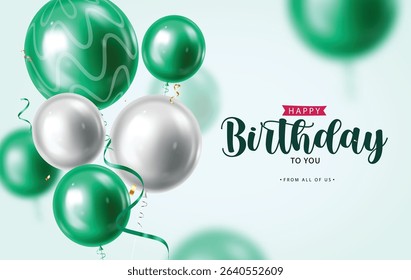 Stylish Birthday Greeting with Glossy Green and Silver Balloons and Decorative Ribbons. Birthday Celebration Clipart Design with Metallic Balloons and Confetti Accents.