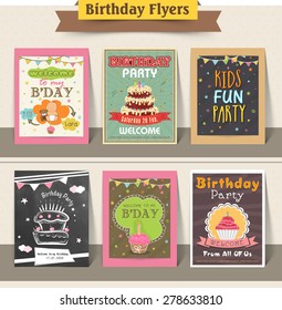 Stylish birthday party flyers collection decorated with sweet cakes and cupcakes.