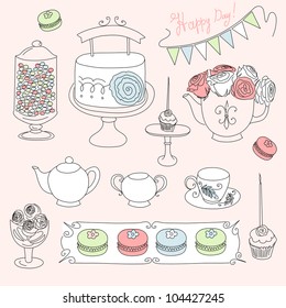 Stylish Birthday party set with bunting, cup cakes, roses, birthday cake, tea, candles and macaroons