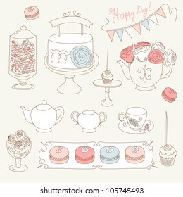 Stylish Birthday party set with bunting, cup cakes, roses, birthday cake, tea, candles and macaroons