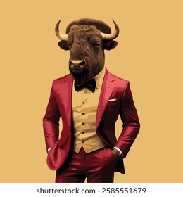 A stylish bison wearing a red suit, a mustard shirt,  and a black bowtie, standing confidently against a solid yellow background