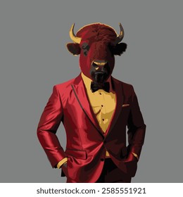 A stylish bison wearing a red suit, a mustard shirt,  and a black bowtie, standing confidently against a solid grey background