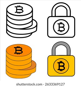 A stylish Bitcoin-themed icon set featuring stacks of coins and padlock security symbols. Includes both line art and colored versions, ideal for illustrating cryptocurrency savings, secure transaction