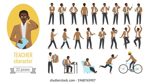 Stylish Black African American Man Teacher Poses Vector Illustration Set. Cartoon Executive Adult Male Lector Character Posing In Pointing, Thinking, Speaking On Lecture Presentation, Gestures