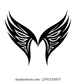 Stylish black angel wings vector illustration in tribal tattoo style isolated on white background. Symmetrical wing design with sharp feather details, perfect for logo design, tattoo concept, t-shirt print, sticker, branding, emblem, fantasy artwork, and graphic projects. Minimal monochrome vector suitable for print and digital use.