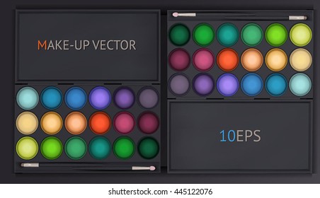 Stylish black background with decorative cosmetics. Eyeshadow, makeup, beauty, glamor, fashion.