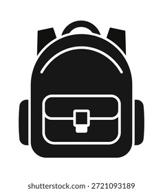 Elegante icono de mochila negra con bolsillo frontal y correas acolchadas.
