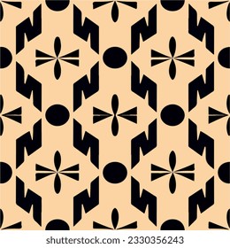 Stylish black and beige geometric pattern adorned with circles, reminiscent of art deco aesthetics, perfect for repeating fabric patterns.