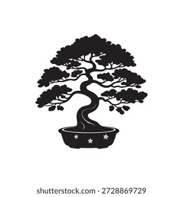 Stylish black bonsai tree silhouette representing harmony and balance, perfect for zen decor, logos, tattoos, prints, web graphics, and minimalist nature-inspired design projects.