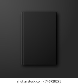 Stylish black book vector mock up on dark black background. Blank black book cover front page template with copyspace for your design.