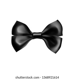 Stylish black bow tie from satin material. Wedding ceremony accessory isolated on white background. Realistic formal wear for official event. Elegant clothes object from silk vector illustration.