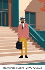 Stylish black business man standing near modern building entrance in vintage suit and hat, holding briefcase. Handsome african american guy in office clothes. Vector illustration 