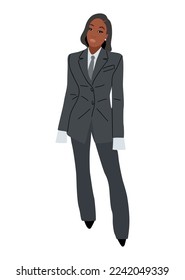 Stylish black business woman. African American girl standing in  formal outfit - suit, tie, high heels. Business lady in modern office look. Vector realistic illustration isolated on white background