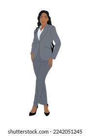 Stylish black business woman. African American girl standing in  formal outfit - suit, tie, high heels. Business lady in modern office look. Vector realistic illustration isolated on white background